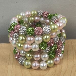 Pink, Green & Pearl Beaded Coil Bracelet